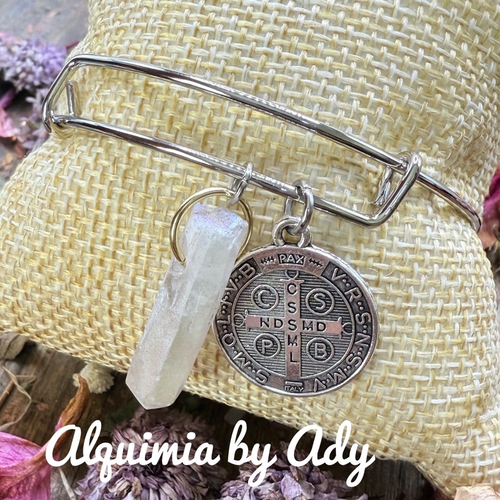 Silver big Saint Benedict medal charm adorned bracelet with big selenite raw